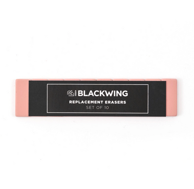 Blackwing Pencils have always been known for their iconic, replaceable, square erasers. To replace your eraser, slide the eraser and clip out of the ferrule, remove the clip from the old eraser, place the new eraser into the clip, and insert the new eraser and clip into the ferrule.  Replacement erasers come in sets of 10 and are available in black, white, pink, green, blue, navy blue, orange, yellow, red and grey.  Details: Set of 10 Pencil Eraser Replacements Single-Color Packs