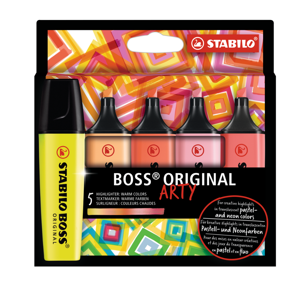 Arty Stabilo Boss Highlighters  These have chisel tips like traditional highlighters, and they’re wide enough to comfortably cover a line of text. In a set of 5, you will have plenty of options to color code your notes!  Details: Set of 5 Highlighters Chisel Tip  By Stabilo