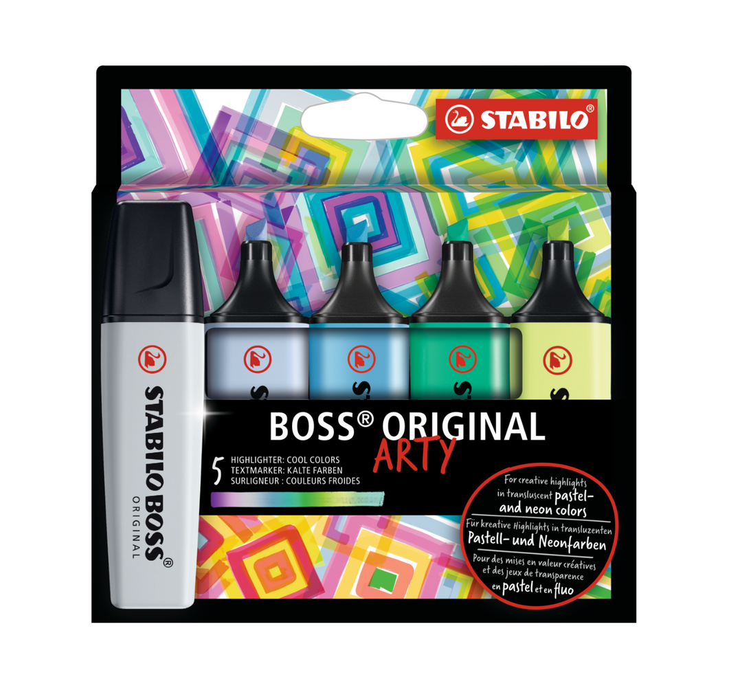 Arty Stabilo Boss Highlighters  These have chisel tips like traditional highlighters, and they’re wide enough to comfortably cover a line of text. In a set of 5, you will have plenty of options to color code your notes!  Details: Set of 5 Highlighters Chisel Tip  By Stabilo