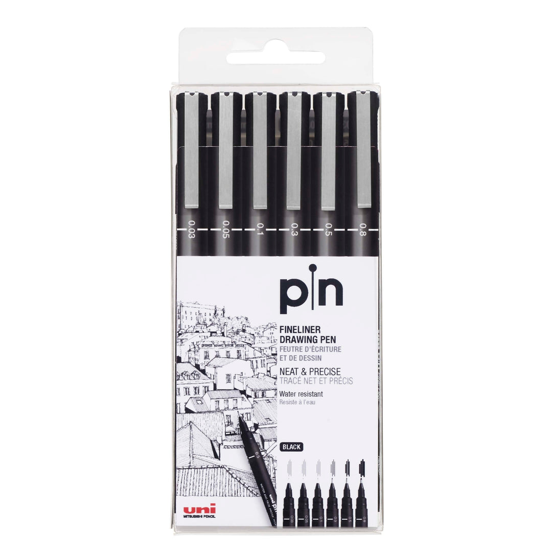 Uni Pin Fineliner Pens - 6 Pack Assorted Black