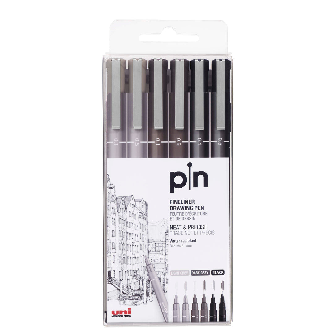 Uni Pin Fineliner Pens - 6 Pack Gray & Black