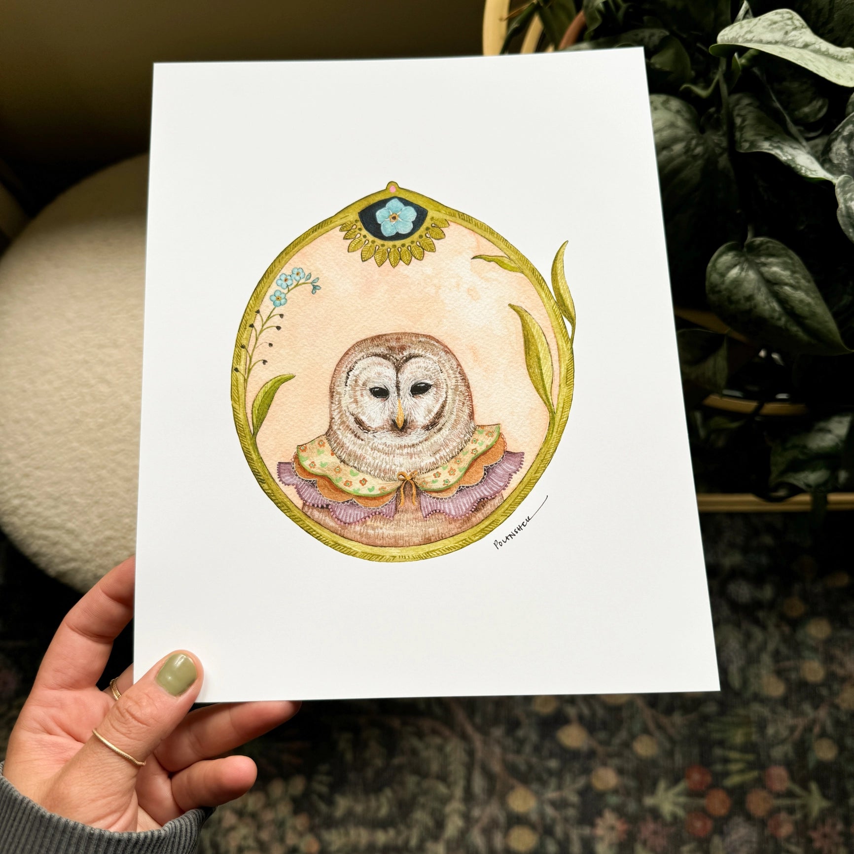 Owl of Forget-Me-Nots Print - 8" x 10"