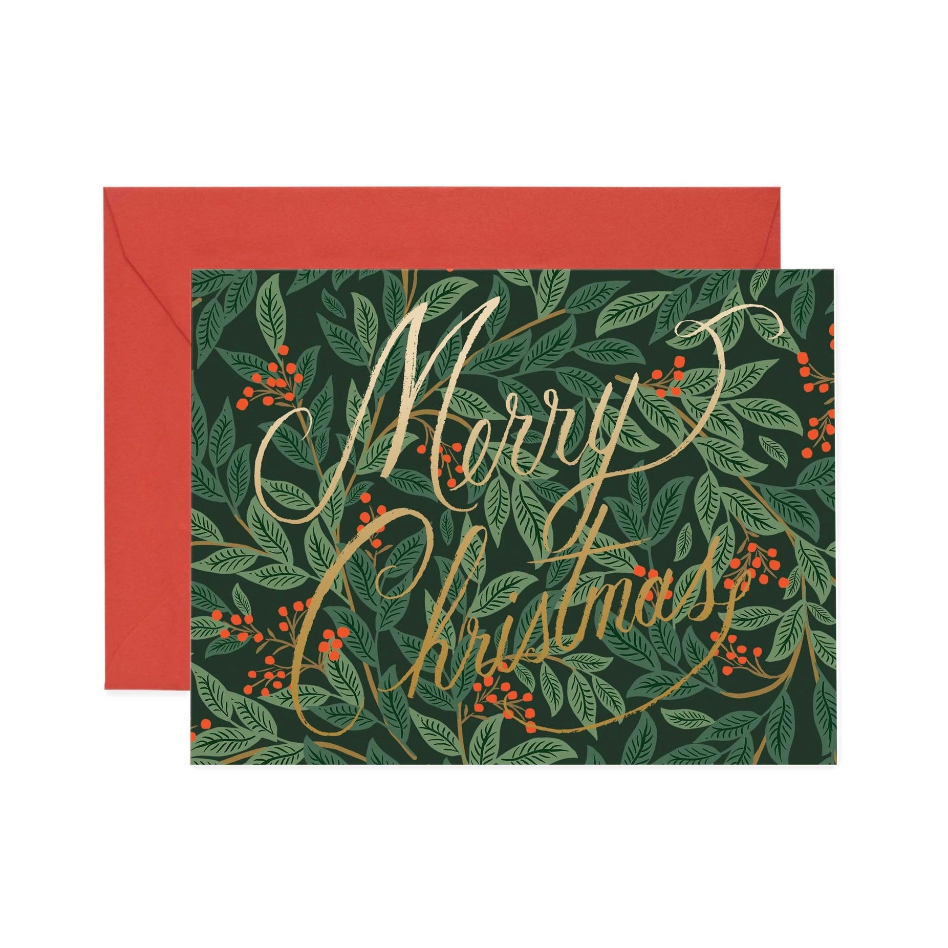 A red holiday card with 'Merry Christmas' and festive design, featuring metallic gold foil stamping and an envelope.