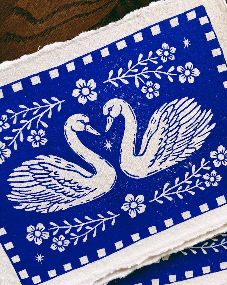 Folk Art Swan Block Print - 5" x 7"