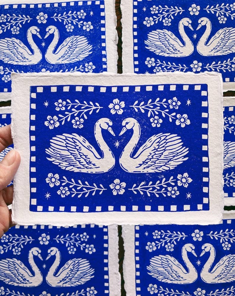 Folk Art Swan Block Print - 5" x 7"