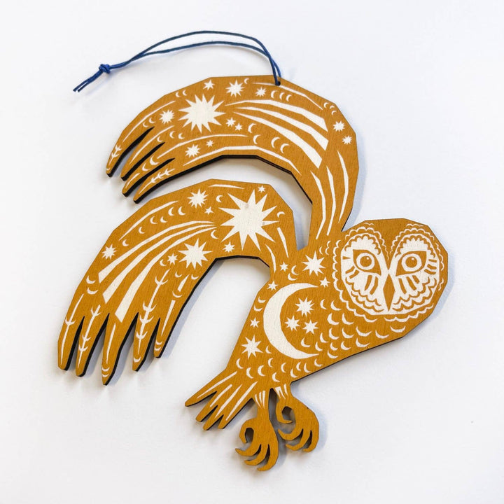 Yellow Ochre Owl - Screenprinted Wooden Ornament