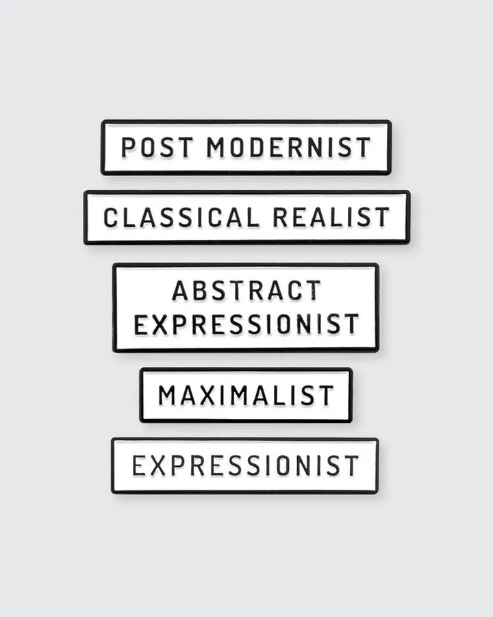 Maybe you’d like to go back to modernist basics and think about light and space, making the impressionist and cubist pins a good pick. If you feel like mining your unconscious for some illogical or surprising imagery, you could pick surrealist. Choosing the dadaist pin tells the world that your art defies boundaries, and goes against art’s typical conventions. Or perhaps you’re feeling a more simple, abstracted approach and want to go a minimalist route. 