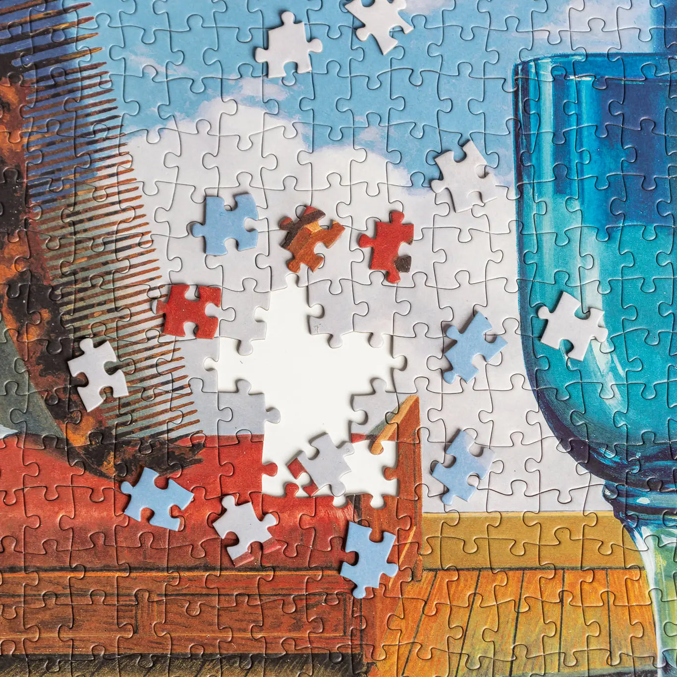 Belgian surrealist painter René Magritte is renowned for depicting typical, everyday objects in absurd and illogical combinations. His 1952 oil on canvas, personal values, is no exception: this dreamlike painting of oddly-sized, ordinary items intentionally creates a sense of curiosity and confusion for the viewer. Well-blended brushstrokes and carefully positioned shadows enhance the three-dimensional nature of the objects while a striking color palette of yellow, beige and pink adds to the vivid imagery.