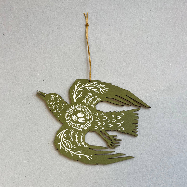 Olive Green Bird - Screenprinted Wooden Ornament