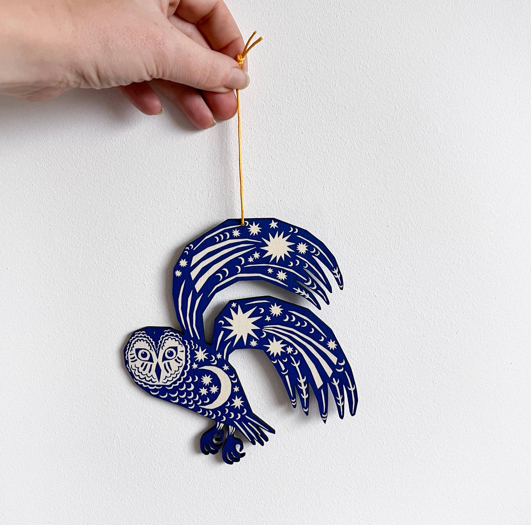 Midnight Blue Owl - Screenprinted Wooden Ornament