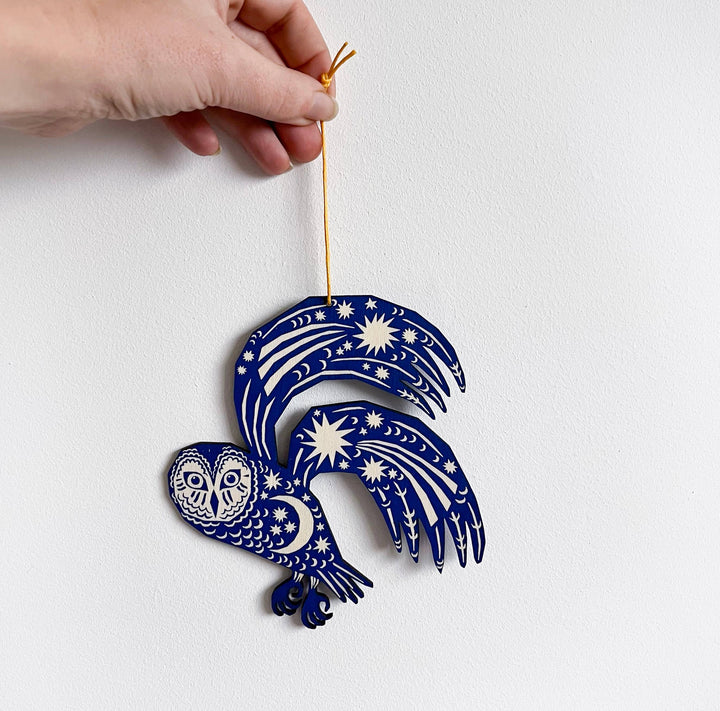 Midnight Blue Owl - Screenprinted Wooden Ornament