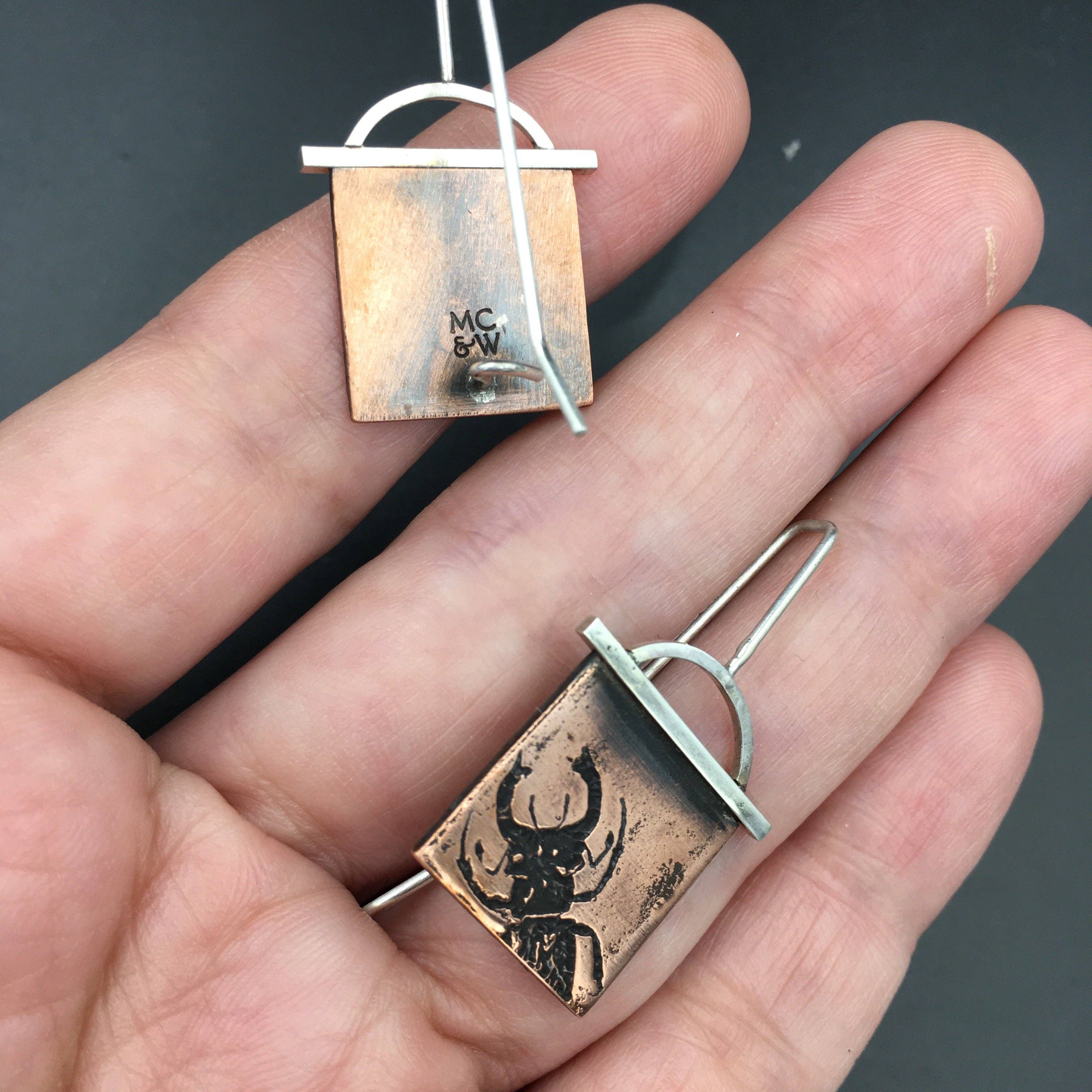Handmade Stag Beetle Earrings in Copper and Sterling Silver