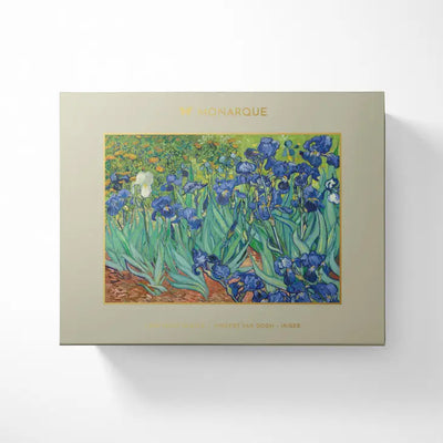 Bring the family together while enjoying the art of Van Gogh's Irises! This puzzle features 1,000 pieces made with high-quality blue board pieces with a fabulous drawstring cotton bag to store your pieces. the gorgeous box opens to reveal a gold-foiled inspirational quote with a magnetic closure. Artist history and interesting information are featured on the back. Your puzzle box can be displayed with either the bookend spine or the front face. 