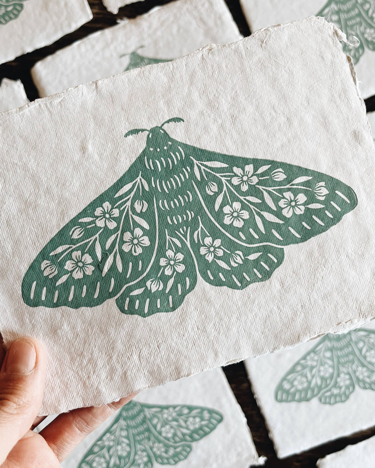 Seafoam Floral Moth Block Print - 5" x 7"
