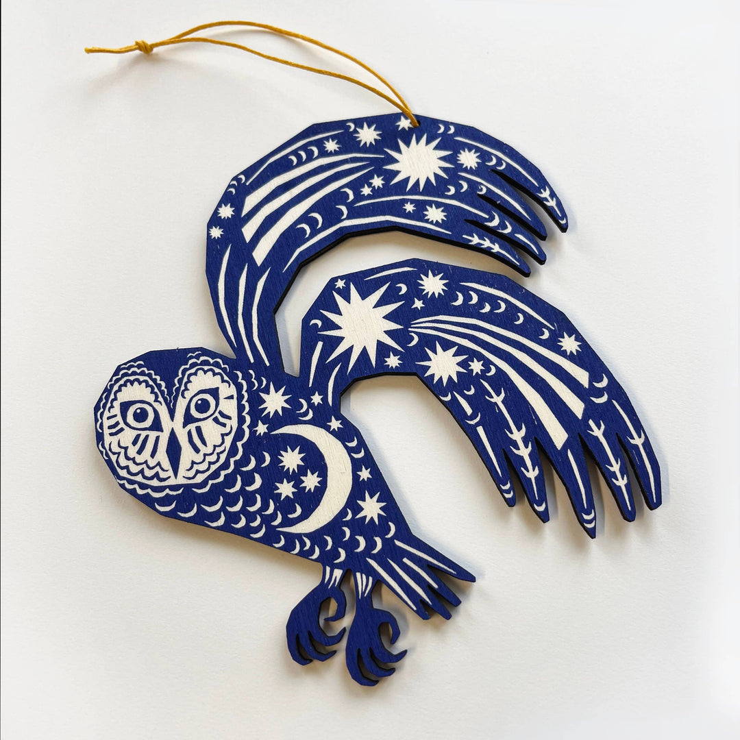 Midnight Blue Owl - Screenprinted Wooden Ornament