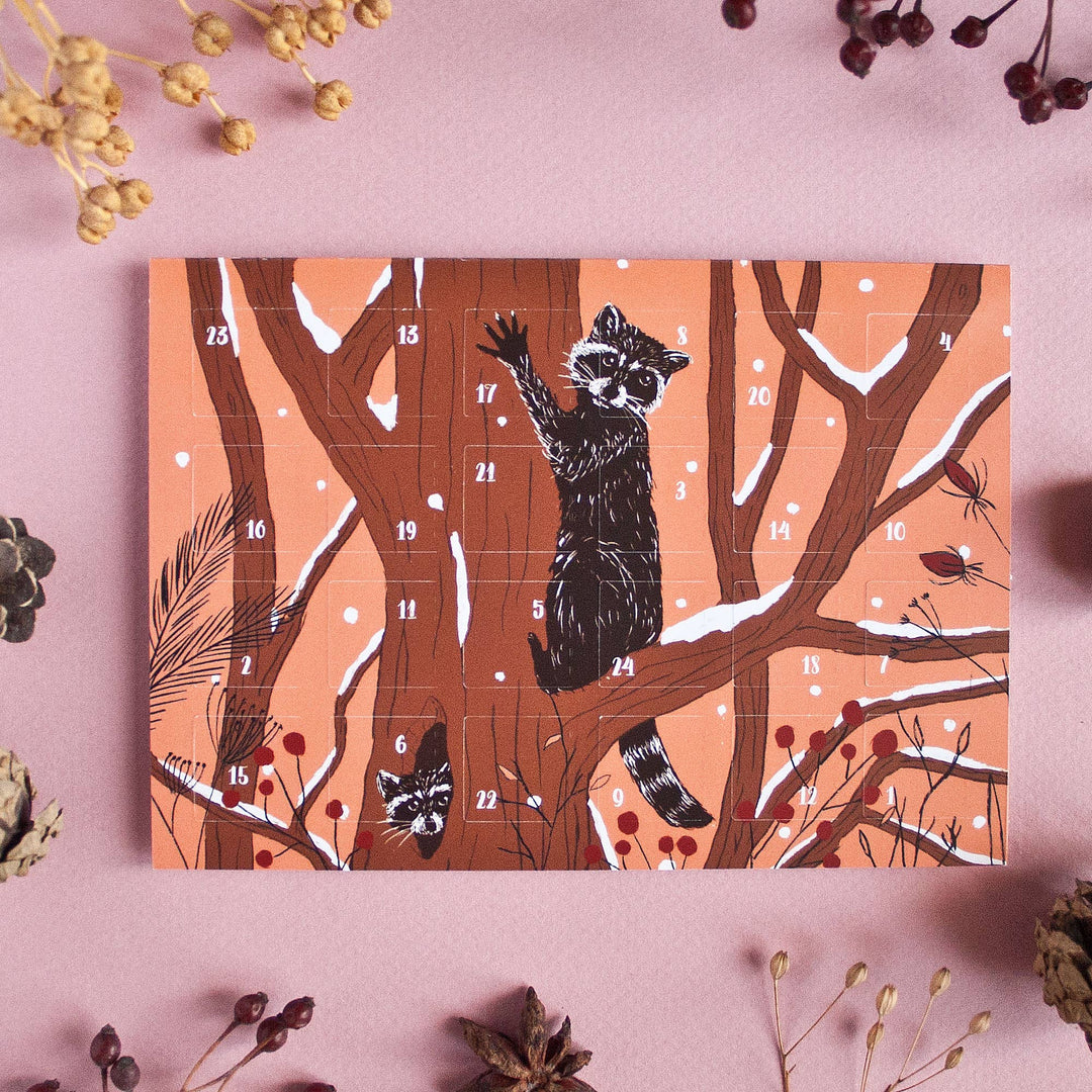 Advent Calendar Postcard - Red Raccoons