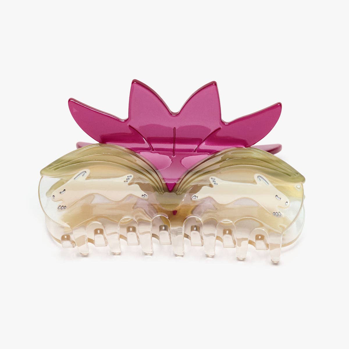 Hair clip with pink top and clear base on a white background