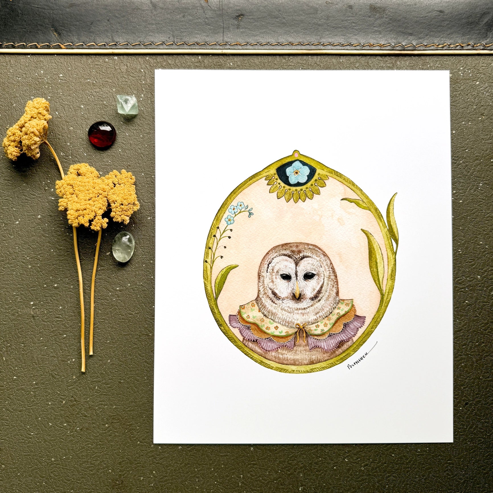 Owl of Forget-Me-Nots Print - 8" x 10"