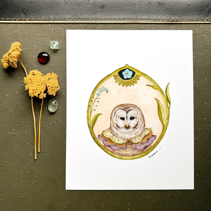 Floral Flight Crew: Owl of Forget-Me-Nots Print- 8x10