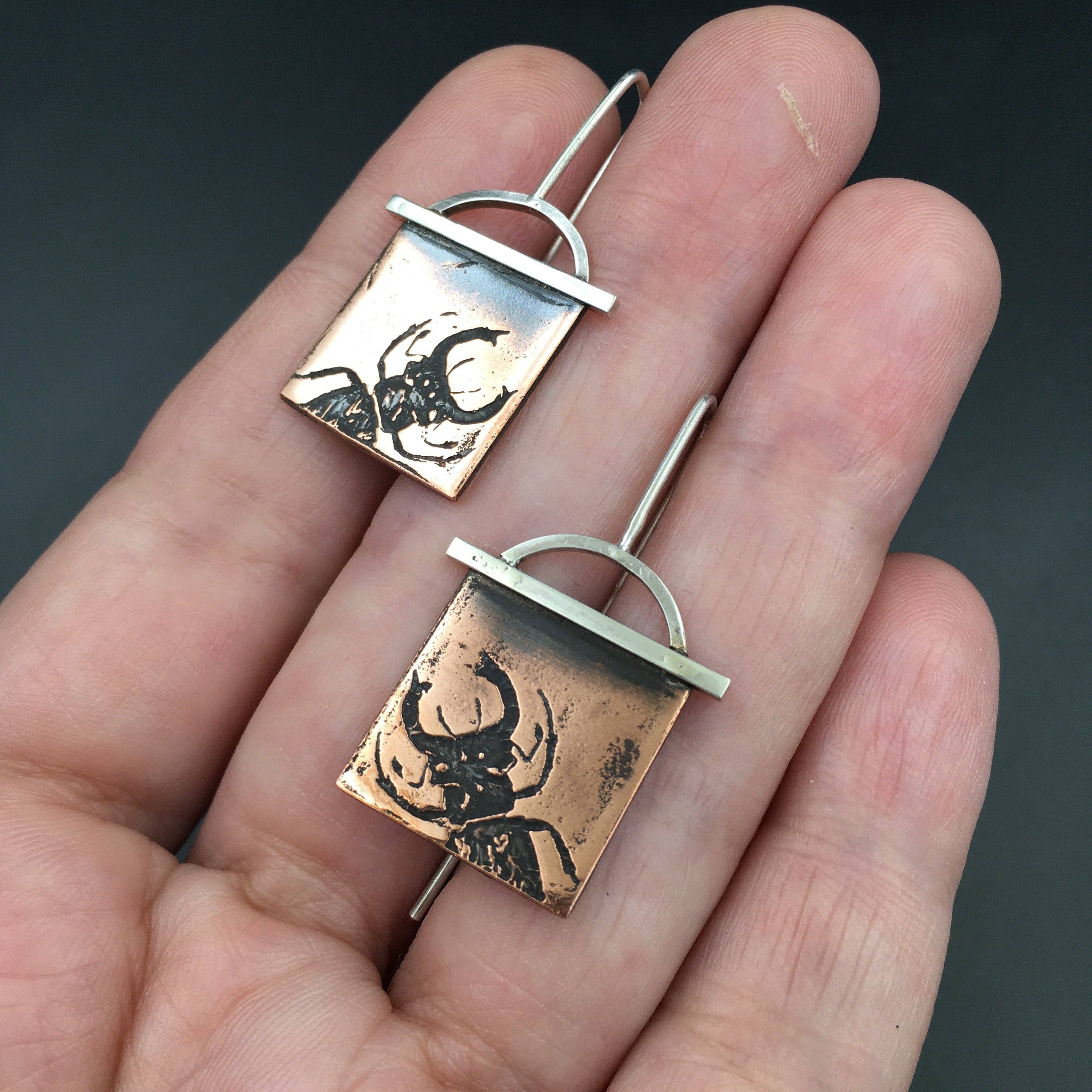 Handmade Stag Beetle Earrings in Copper and Sterling Silver
