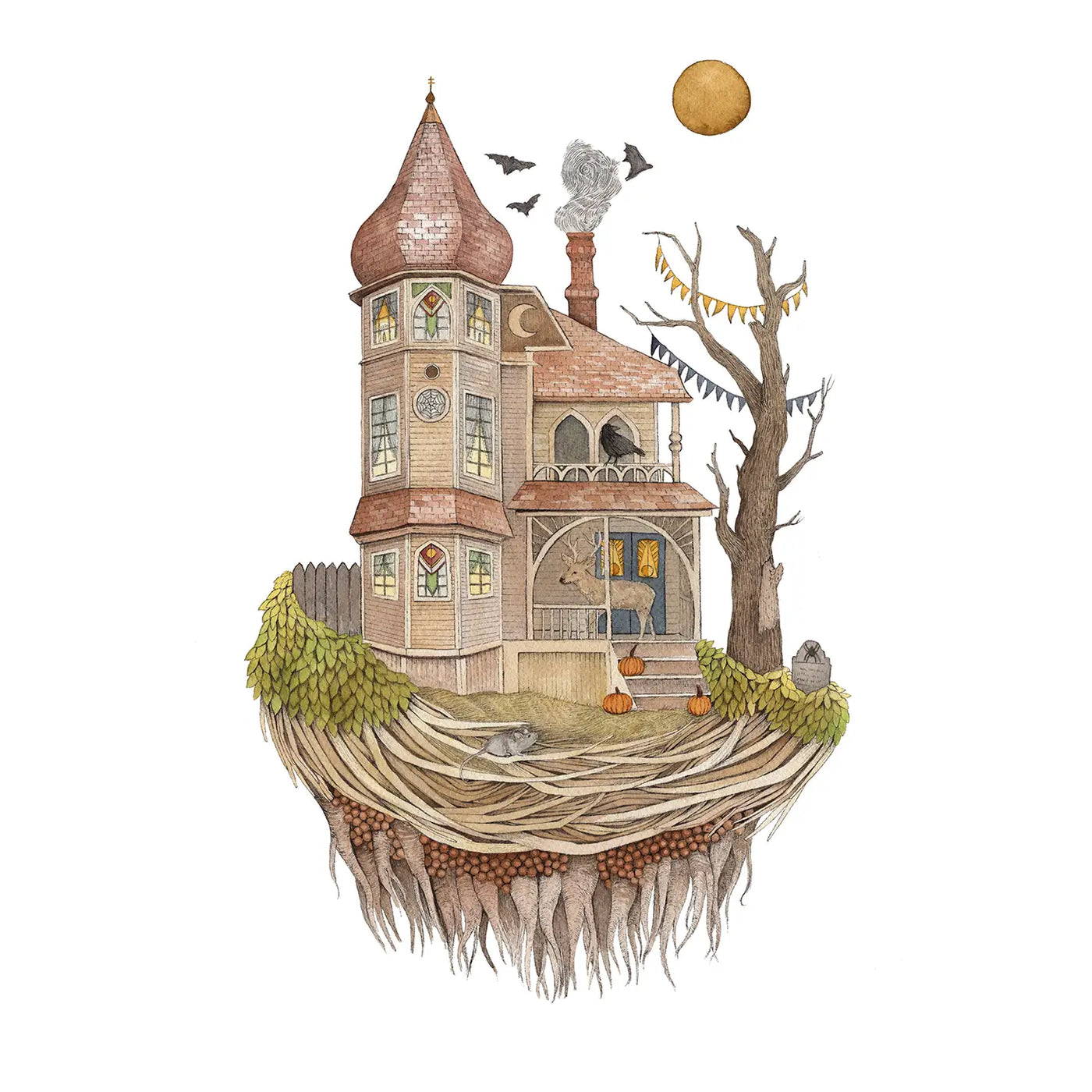 Haunted House of Deer and Crow Print
