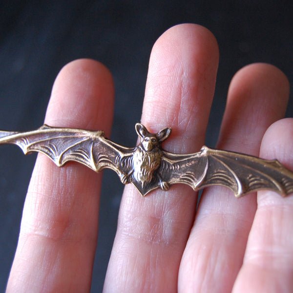 Extra Wide Gothic Brass Vampire Bat Pin