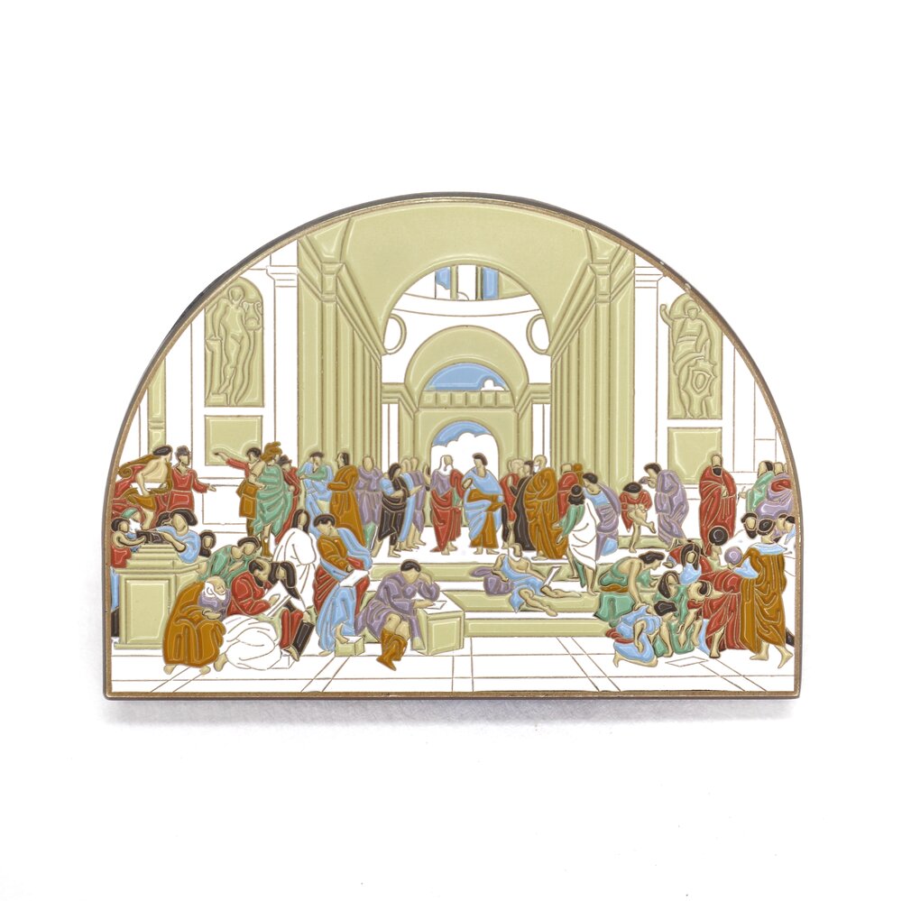 Painted by Raphael in 1509-11, The School of Athens fresco has made a lasting impact. Captivating the Vatican’s wall, this work depicts some of the greatest minds, including Plato, Aristotle, and Socrates. Whether you like art, philosophy, or history, this mega pin will bring upon compliments, smiles, and some pondering of life’s biggest questions.  P.S. Can you spot where Raphael painted himself?  Details: 2.75" x 2” Enamel Pin 3 Metal Locking Clasps  By Pin Museum