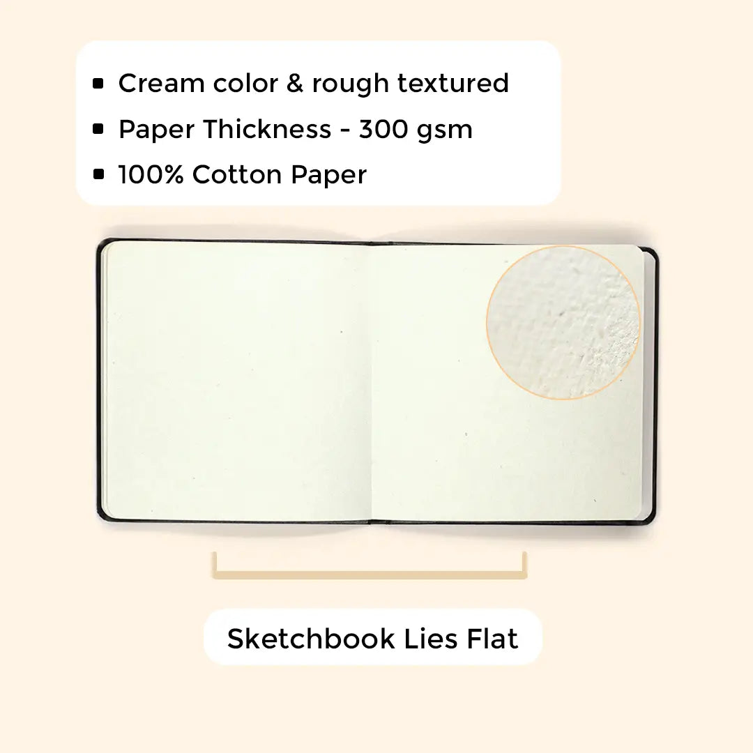 A sketchbook designed to be painted in! Square so you have more room for your piece, and with a faux leather cover, it’s sturdy for your outdoor adventures! The paper is thick, 300GSM (140 Lbs), and 100% cotton cold pressed, so it has that nice texture, natural to watercolor artists. They’re also handmade with love, win-win!  Details: 7.5" x 7.5”  40 Pages - 20 Leaves 300GSM (140 lbs) Off-White Cold Press 100% Cotton Acid-Free Paper Faux Vegan Leather Cover Back Pocket Elastic Closure  By Viviva